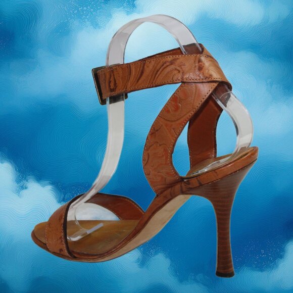 Manolo Blahnik Embossed leather Ankle Wrap Peep Toe Stiletto Sandal, Size 36.5 - Picture 5 of 9